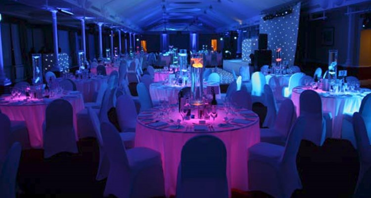 Seating area with purple LED tables