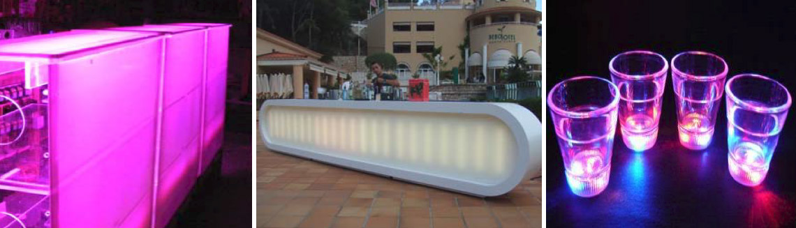 Front glow up bar, Odessi bar and LED ice buckets, glasses and trays
